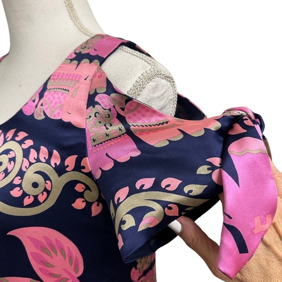 Voom by Joy Han 100% Silk Dress Elephant Print Short Sleeve Multicolor SZ Small - Picture 4 of 9